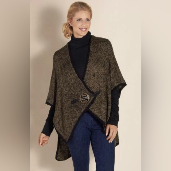 Soft Surroundings Shawl One Size Mei Ling Knit Sweater Cape Poncho Brown Black - Picture 11 of 12